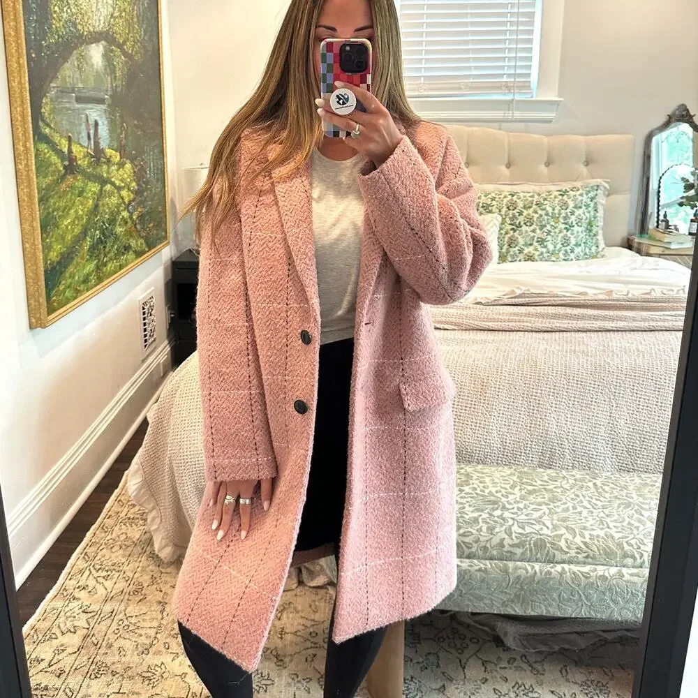 Rag & Bone Estelle Pink Cocoon Checked Wool Coat Medium